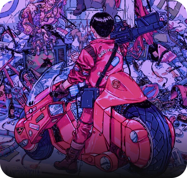 Kaneda, personnage d'Akira sur une moto futuriste