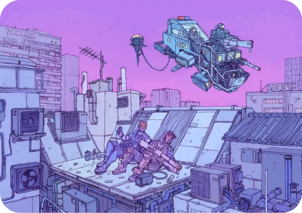 une scène futuriste avec une prédominance de violet pastel représentant deux cyborgs assis sur un toît