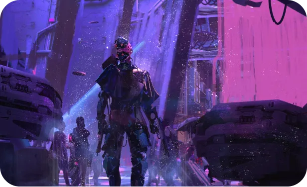 un robot humanoïde sur un fond futuriste violet